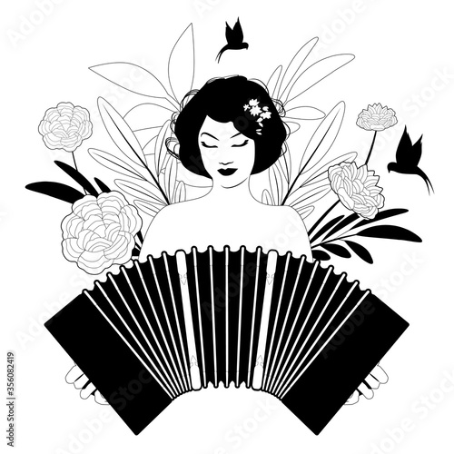 Beautiful girl playing accordion surrounded by birds, leaves and flowers