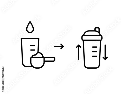 Making protein whey cocktail. Scheme to get finished drink from dry powder. Line art package design. Contour isolated vector illustration for sports food, milk shake. Set icons of shaker, spoon, water
