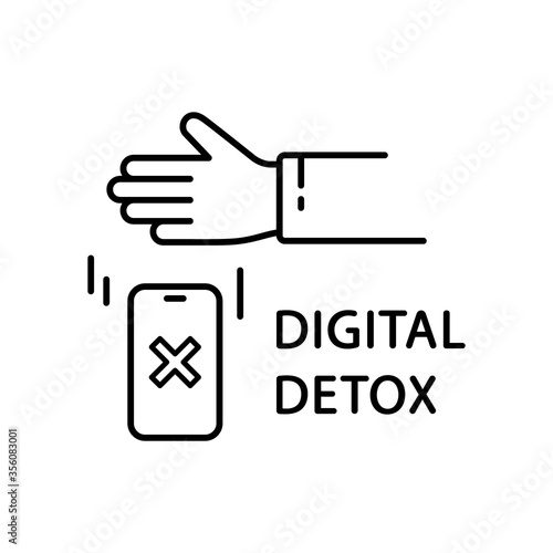 Digital detox poster. Linear illustration of temporary refusal to use gadgets. Human hand throws out smartphone, blocked tablet. Contour isolated vector banner. Black text and icon on white background