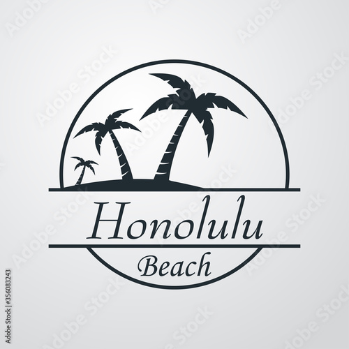 Símbolo destino de vacaciones. Icono plano texto Honolulu Beach en círculo con playa y palmeras en fondo gris