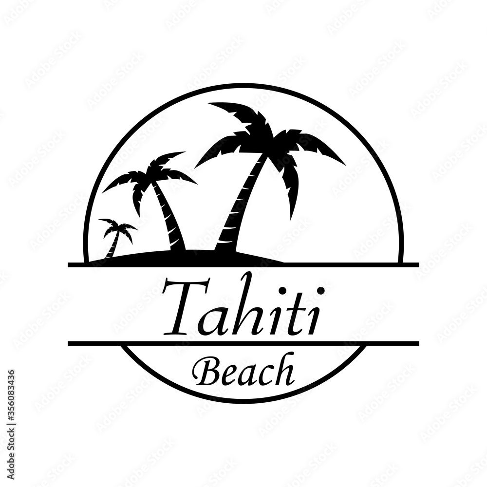 Símbolo destino de vacaciones. Icono plano texto Tahiti Beach en círculo con playa y palmeras en color negro