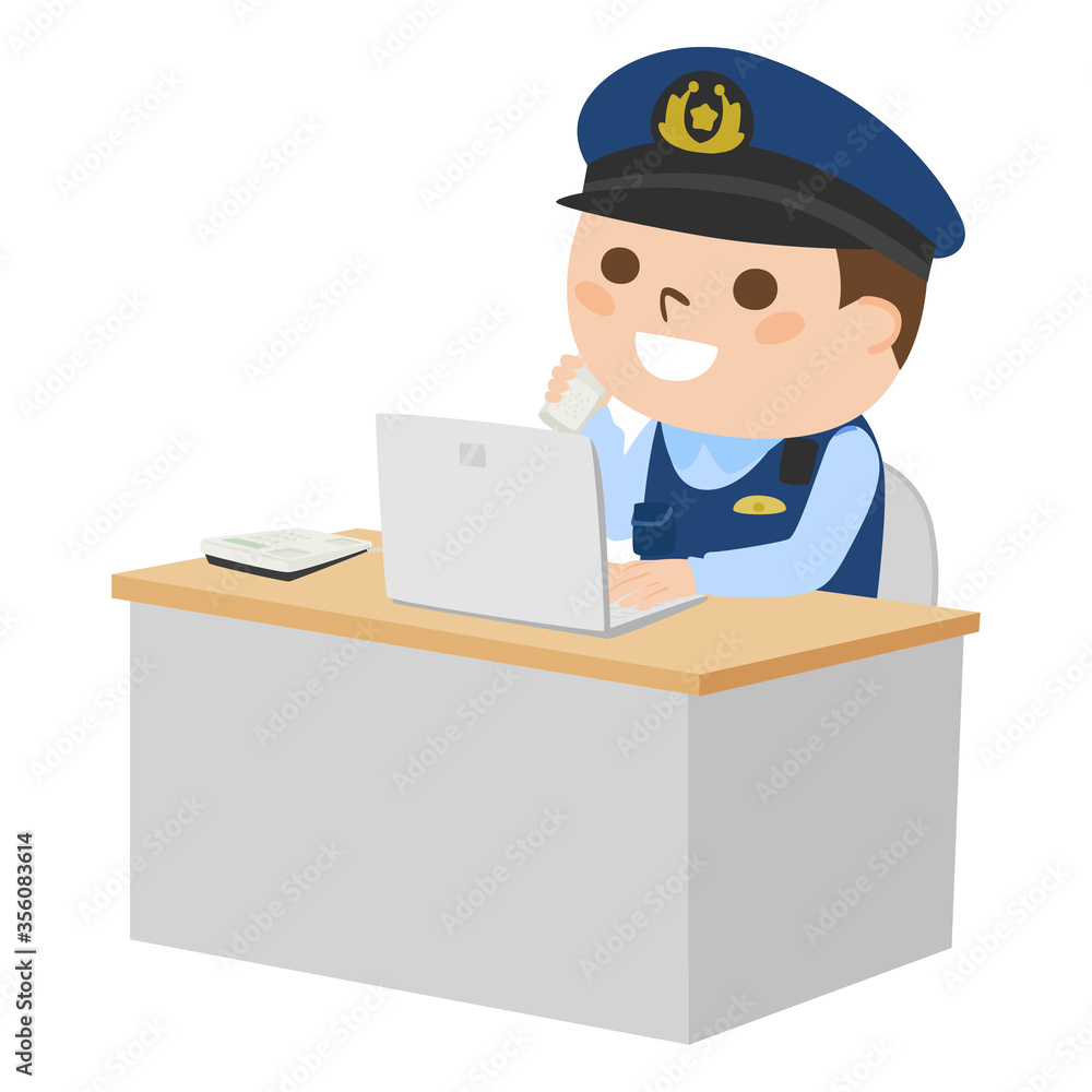 笑顔で電話対応をしてる男性警察官のイラスト。