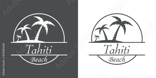 Símbolo destino de vacaciones. Icono plano texto Tahiti Beach en círculo con playa y palmeras en fondo gris y fondo blanco