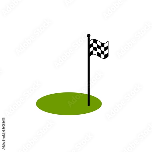 race checkered finish flag on green grass. Isolated on white background