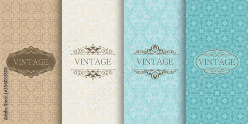 Set of Vintage seamless damask pattern on bright background. Wallpaper in Turkish style. Islam, Arabic, Indian, Ottoman motifs. Template greeting card, invitation and advertising banner, brochure