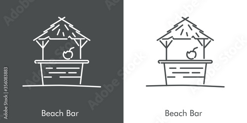 Concepto de vacaciones y viajes. Icono plano lineal choza como bar de playa de madera y palma en fondo gris y fondo blanco