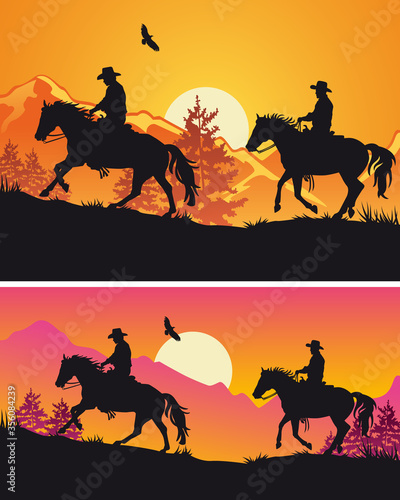 Two cowboys riding galloping horses in mountain range at sunset - Wild West silhouette background banners