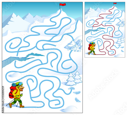 Help the climber reach the top of the mountain.  Maze game. Cartoon vector illustration. Education game for children.