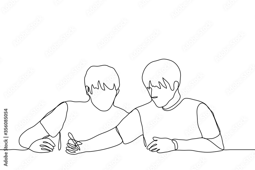 Two men are sitting at the table, one of whom writes something with a pen and the other looks. One continuous line live lesson tutor and student. Offline training, individual lessons with a teacher Two men are sitting at the table, one of whom writes something with a pen and the other looks. One continuous line live lesson tutor and student. Offline training, individual lessons with a teacher