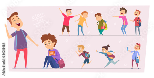 Bullying kids. Teasing stressed children conflict pupils in school little scare characters problem peoples vector set. Bullying school, child scared bully illustration