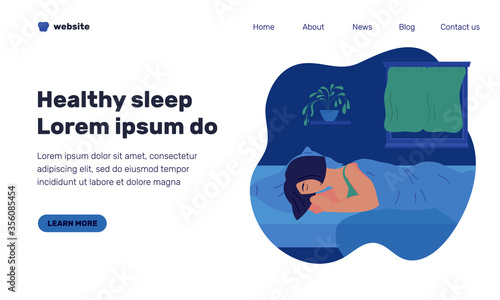 Healthy sleep web page template with illustration of sleeping girl at night. Character taking rest on side in bed. Health care and good sleep concept. Vector landing page in flat style