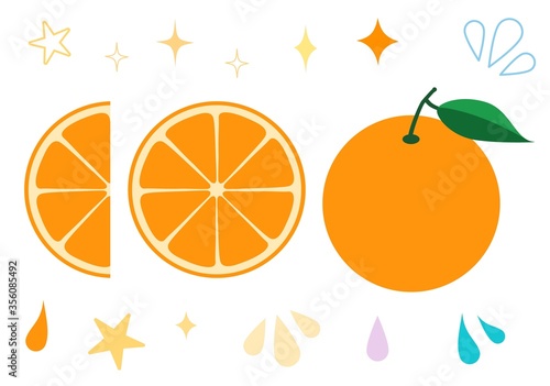 オレンジ、蜜柑、キラキラや水滴のイラストセット