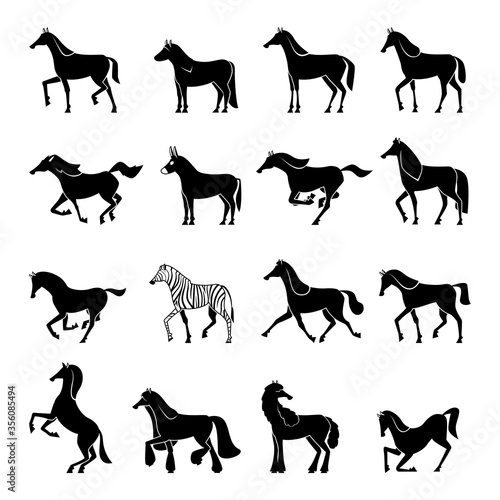 Horse silhouettes. Strong beautiful domestic animals horses in action poses running walking gallop jumping vector illustrations. Stallion horse silhouette, wild black mustang, strong domestic animal