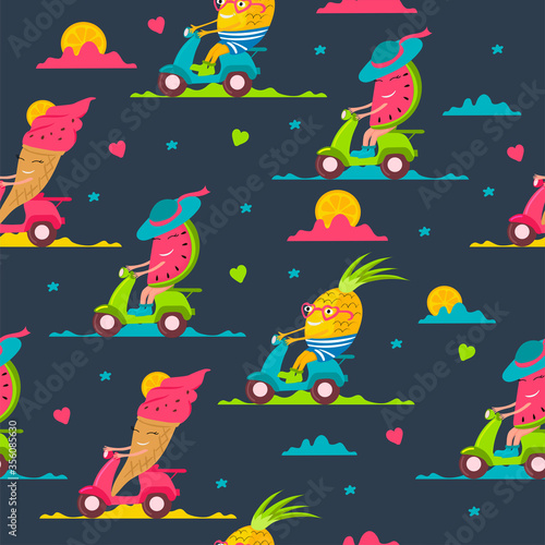 Cute multicolored pattern with fun summer fruits and ice cream ride on a scooters on dark background. Suitable for holiday packaging  printing on children s clothing  invitation cards  etc.