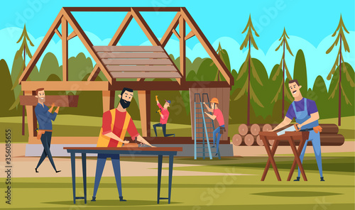 Wooden roof builders. Professional carpenters team making building handyman craftsman working vector cartoon house background. Construction worker residential, development wooden house illustration