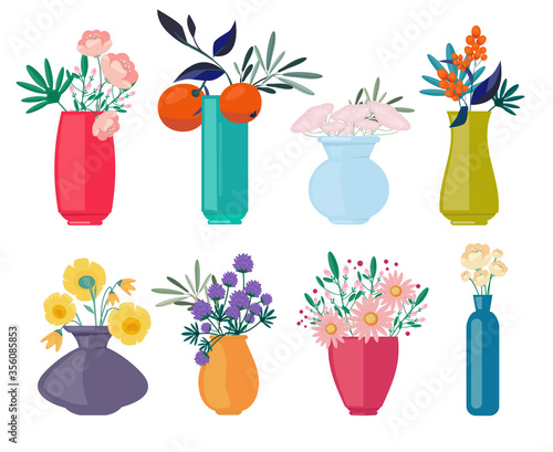 Bouquets vases. Spring or summer flowers branches beautiful buds nature romantic symbols for women vector cartoon. Spring floral bouquet, plant flower botanical illustration