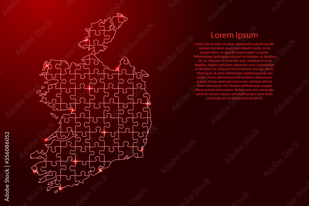 Ireland map from red pattern composed puzzles and glowing space stars. Vector illustration.