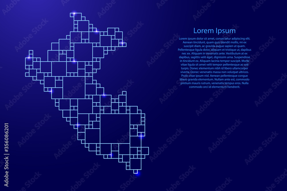 Peru map from blue pattern from a grid of squares of different sizes and glowing space stars. Vector illustration.