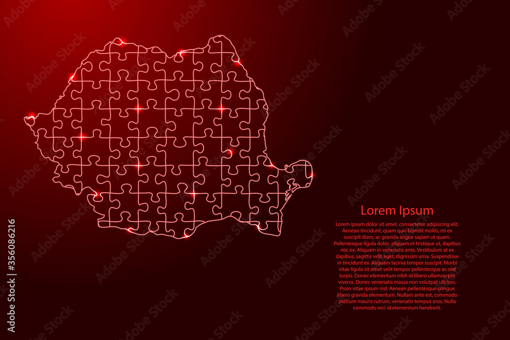 Romania map from red pattern composed puzzles and glowing space stars. Vector illustration.