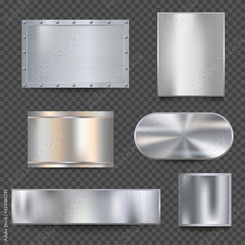 Steel banners. Realistic metallic shiny plaque plate vector detailed textures. Panel plaque, stainless sheet, steel plate template illustration