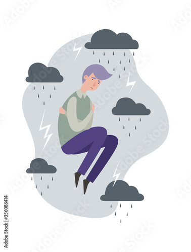 Depression metaphor. Sad man, grey clouds with lightnings and rain. Flat mental disorder vector concept. Man depression, stress and despair, unhappy sadness, depressed emotion illustration