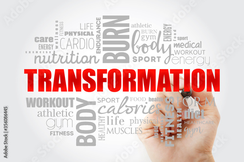 TRANSFORMATION word cloud, fitness, concept background