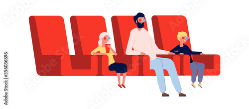 People in cinema. Father, children watch movie. Flat viewers with drink in theater. Cartoon man kids 3d glasses, weekend entertainment vector illustration. Cinema family, entertainment movie premiere