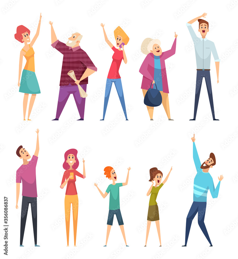 People looking up. Crowd watching and pointing in sky vector cartoon persons. Pointing up and watching, person looking to sky illustration People looking up. Crowd watching and pointing in sky vector cartoon persons. Pointing up and watching, person looking to sky illustration