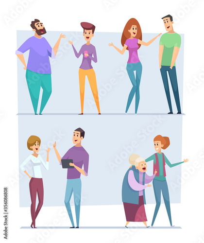 Dialogue people. Expression characters pointing top speech persons conversation crowd vector messengers talking people vector pictures. People communication group, man and woman illustration