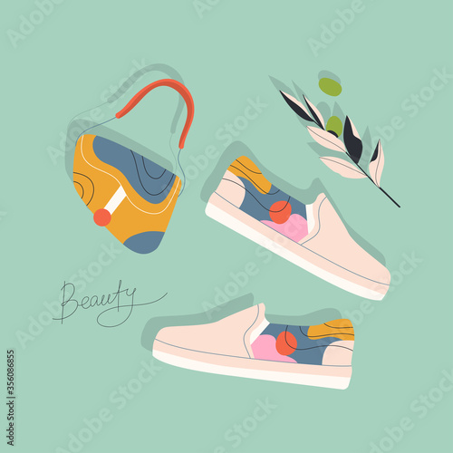 Hand-drawn beautiful women's accessories, sneakers and saddle bag. Olive plant. Flat vector illustration.