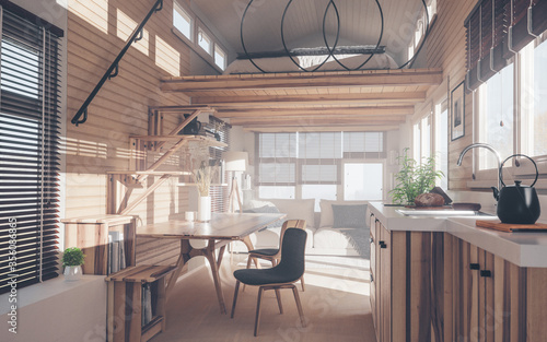 Foto Rustic tiny house interior design with kitchen, living room and bedroom in mezzanine floor in warm sunset light