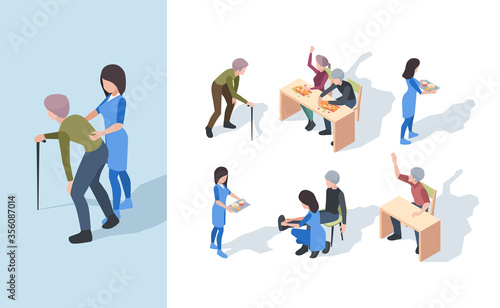 Elderly nursing clinic. Playing senior exercises medical staff helping elderly person vector isometric people. Elderly nursing, people retirement illustration