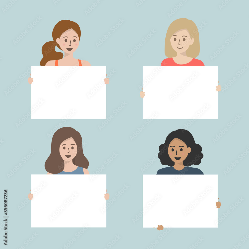 Cute character of happy young women holding white blank board with copy space for text. People of various races. Announcement banner for advertising. Flat vector illustration. Cute character of happy young women holding white blank board with copy space for text. People of various races. Announcement banner for advertising. Flat vector illustration.