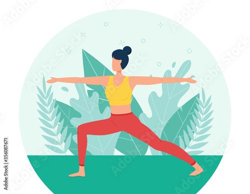 The girl does yoga in the fresh air. The concept of outdoor yoga.Yoga classes in nature. Flat style. Girl in the pose of a warrior. A female cartoon character on a background of foliage and plants
