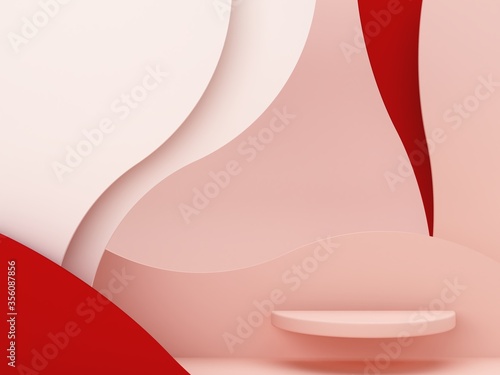 Pink shapes on a pink and red abstract background. Minimal box and curved scene. Scene with geometrical forms. Empty showcase for cosmetic product presentation. Fashion magazine. 3d render. © Mamba Azul