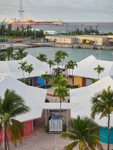 Entrance to Freeport Shopping centre at the harbour on Grand Bahama in The Bahamas, Caribbean. Early morning in November 2018.