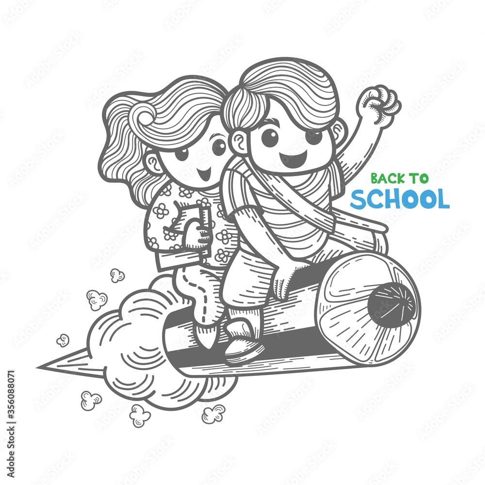 children riding pencil back to school line drawing vector illustration children riding pencil back to school line drawing vector illustration