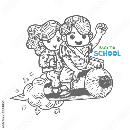 children riding pencil back to school line drawing vector illustration