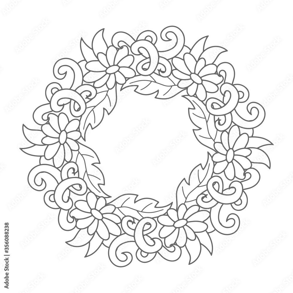 Doodle elegance border icon isolated on white. Outline flower with leaf frame for wedding design, card. Floral hand dwawing art line. Sketch vector stock illustration. EPS 10