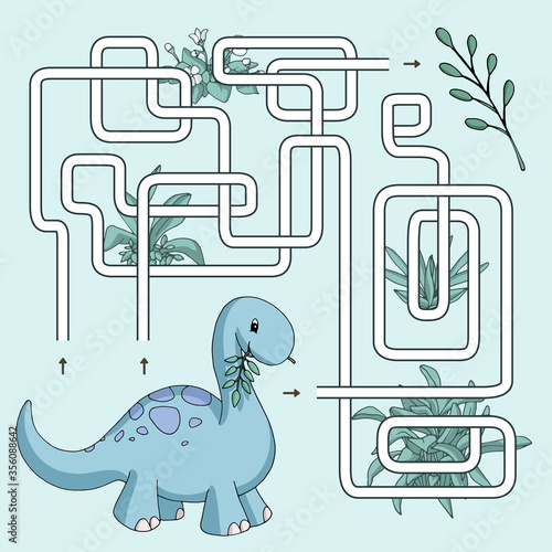 Labyrinth. Maze game for kids. Help cute cartoon dinosaur find path to the leaf. Vector illustration. Green and turquoise pastel colors.