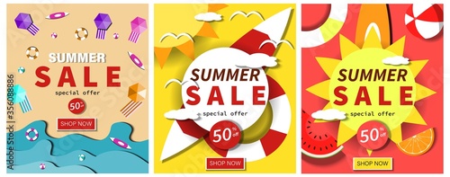 Set Of Summer Sale Poster, banner, advertising, Paper Cut Concept. Vector Design.