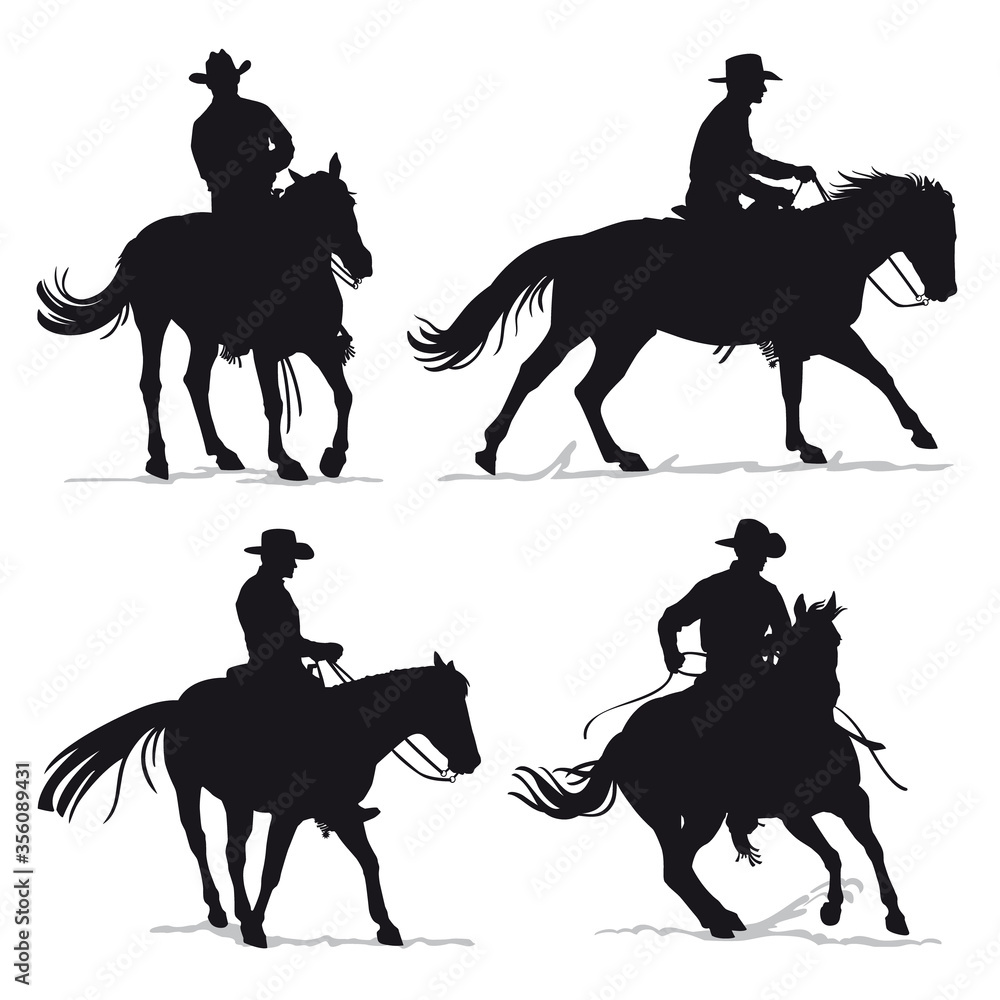 Set of cowboy and horse silhouettes - Western riding discipline Reining ...
