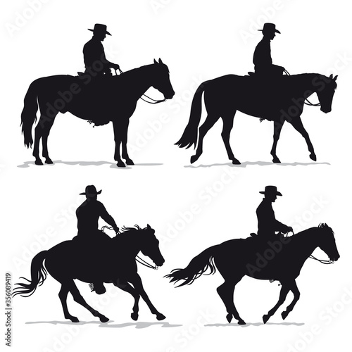 Photo Set of cowboy and horse silhouettes - Western riding discipline Reining vector c