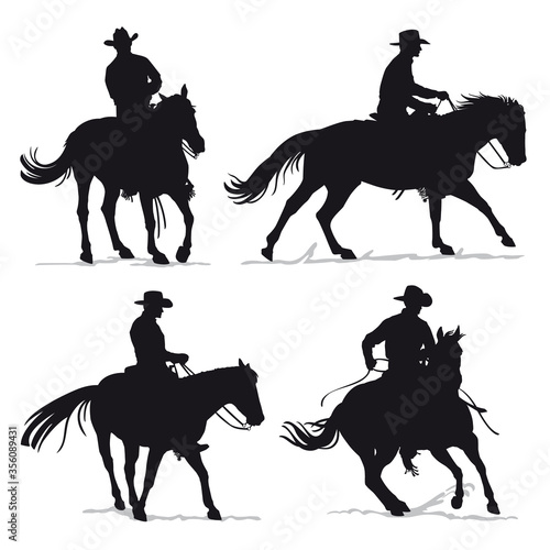 Set of cowboy and horse silhouettes - Western riding discipline Reining 