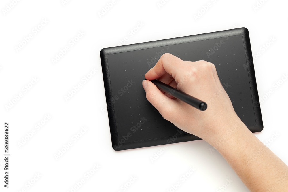Graphic tablet for drawing and designer hand on white background. Creative art, sketch.