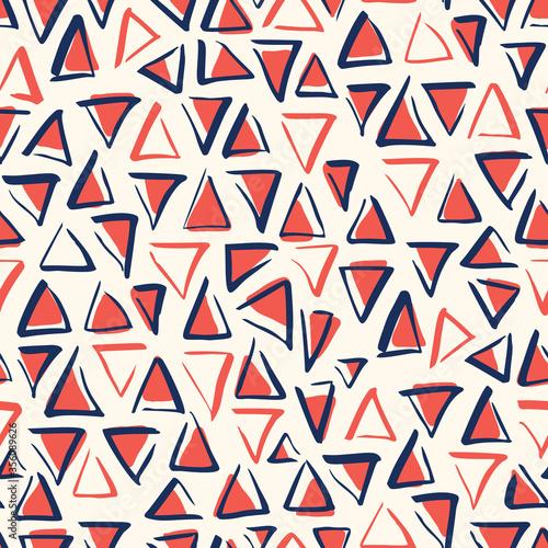 Playful Bule White and Red Geometric Vector Seamless Pattern with Hand-Drawn Triangles. Brush Marker Doodle Zig-Zag Triangles. Abstract Organic Geo Print Perfect for Fashion, Textiles, Scrapbooking