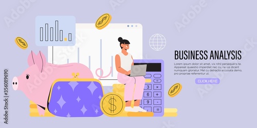 Business woman sit on a pile of coins near piggy bank and calculator and work on a laptop. Concept of business analyst, financial economic strategy to avoid crises, ways of company business recovery.