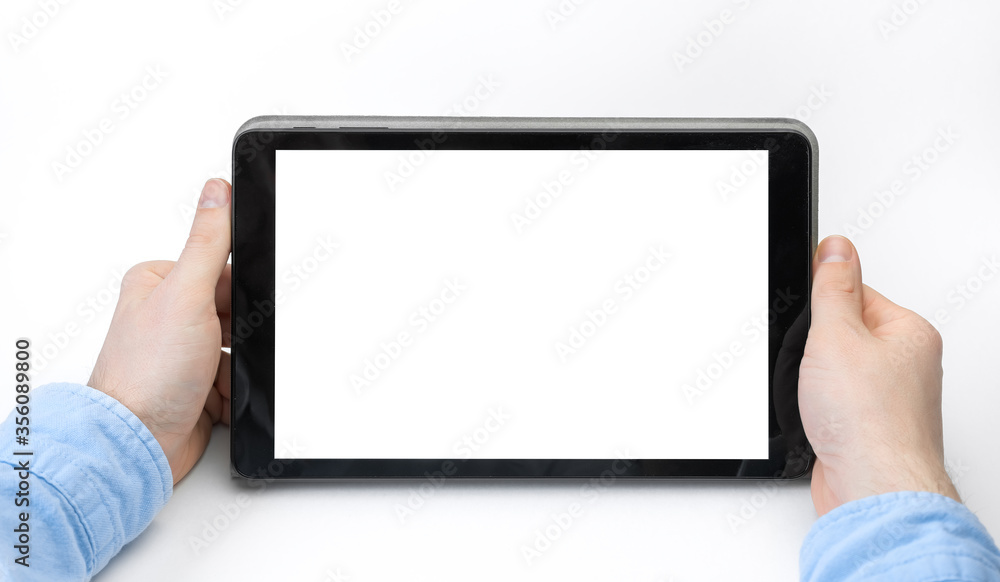 Male hands holding digital tablet blank screen horizontally on white background. Take your screen to put on advertising