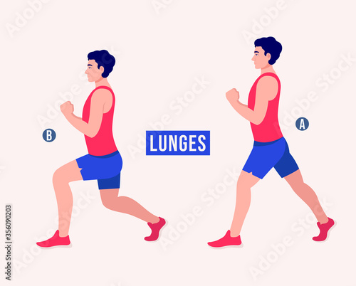 Men doing Lunges exercise  Men workout fitness  aerobic and exercises. Vector Illustration.