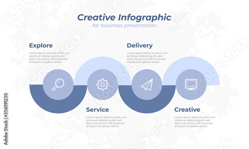 Creative business infographic with circle steps shape and icon design. Blue sky color palette. Vector illustration eps10.
